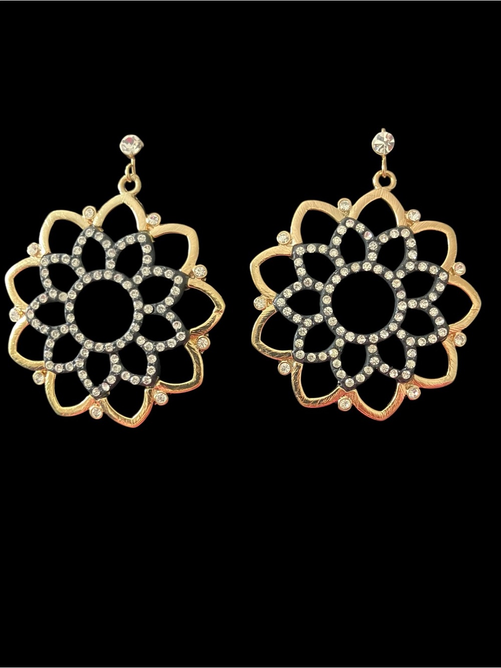 Eclat Swarovski Crystal Earrings Black Gold Tone Floral Statement Dangle 2.25”